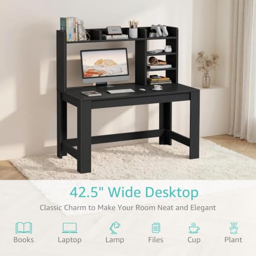 43in Black Gaming Desk with Hutch, Built-In Power Outlet & USB Ports