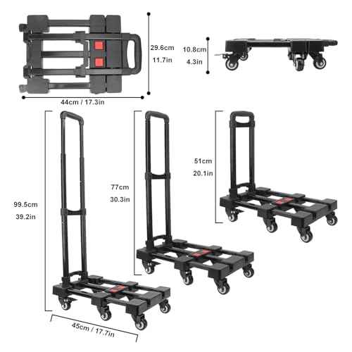 6-Wheel Black Folding Hand Truck, 440 lbs Heavy Duty Dolly, Collapsible Dolly Cart, Portable Platform Cart with 2 Elastic Ropes, Foldable Dolly Cart for Moving, Travel