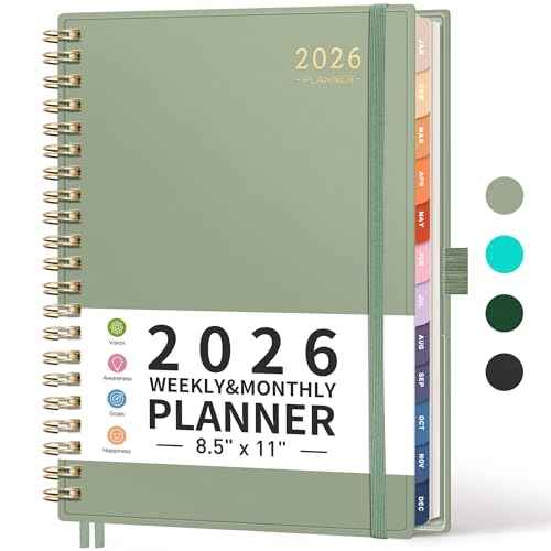 RETTACY 2026 Planner, Weekly and Monthly, Large Size (8.5" x 11"), 2026 Calendar, Jan 2026 - Dec 2026, 12-Month Tabs, Flexible Plastic Cover, 100 GSM Thick Paper (Light Green)