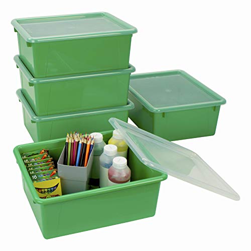 Storex Letter Size Deep Storage Tray ? Organizer Bin with Non-Snap Lid for Classroom, Office and Home, Green, 5-Pack (62547U05C)