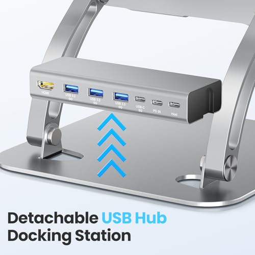 tounee Laptop Stand with Detachable USB-C Hub, 100W PD Charging, 4K@60Hz HDMI, 3 USB Ports, Ergonomic Laptop Holder Docking Station for 10-17" Laptops, MacBook & More - Silver