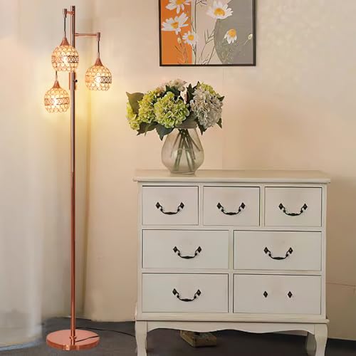 Dimmable Crystal Floor Lamp 3-Light Industrial Floor Lamp for Farmhouse Rose Gold Tree Lamp Standing Lamp with 3 Elegant Crystal lampshades for Living Room Bedroom (Rose Gold)