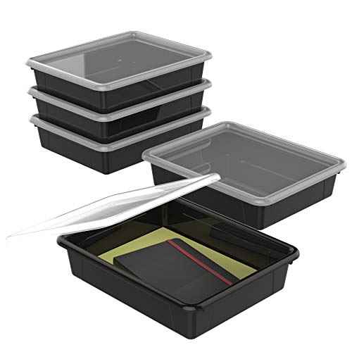Storex Letter Size Flat Storage Tray ? Organizer Bin with Non-Snap Lid for Classroom, Office and Home, Black, 5-Pack (62535U05C)