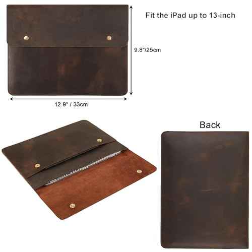 Leather Tablet Sleeve - 11/12.9/13 Inch iPad Pro Sleeve, Document Holder Folio File Holder, Genuine Leather iPad Case for Protection and Style-Dark Khaki
