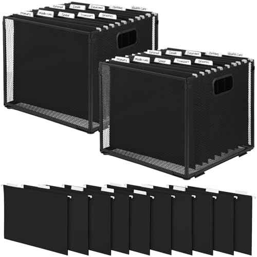 2 Pack Hanging File Holder, 10 Hanging Folders, Metal Mesh, Letter Size Folder Storage, Desktop Storage Cabinets, Office School Document(Black,Medium)