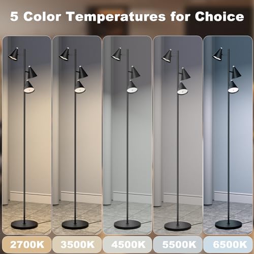 Tree Floor Lamp with Remote, Dimmable 3 Rotatable LED Lights, 5 Color Temperatures, 63" Modern Standing Lamp for Living Room, Bedroom, Office Reading Light
