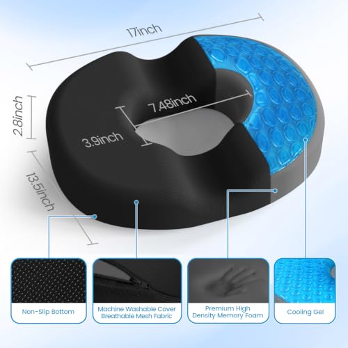 CushZone Black Large Donut Pillow Seat Cushion with Cooling Gel, Memory Foam, Non-Slip