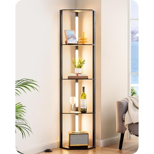 EDISHINE 64" Corner Display Shelf with Light, Modern Corner Floor Lamp with Shelves, 3CCT, Stepless Dimmable Standing Lamp for Living Room, Bedroom, Office, Dining Room, 3000K 4000K 5000K, Black