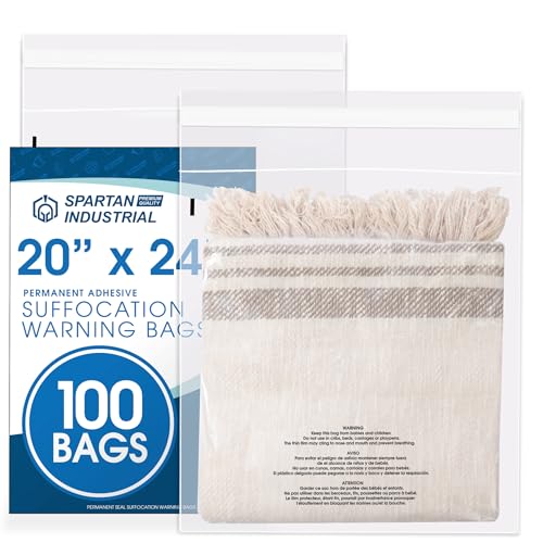 Spartan Industrial - 20" X 24" (100 Count) Self-Seal Clear Poly Bags With Suffocation Warning for Packaging, Bedding, Costumes - Permanent Adhesive