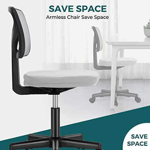 DUMOS Armless Desk Chairs, Cute Home Office Chair No Arms with Wheels, Ergonomic Adjustable Swivel Rolling Task Chair, Comfy Mesh Mid Back Computer Work Vanity Chair for Small Spaces, Light Grey