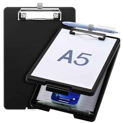 Small Clipboard with Storage, A5 Clipboards with Pen Holder, Half Letter Clip Boards 6x9 Mini Plastic Clipboard with Low Profile Clip for Classroom, School, Office Supplies (Black)
