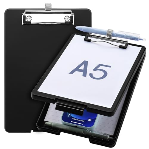 Meiikun Small Clipboard with Storage (Black, 9.4 x 6.6 in) A5 Clipboards