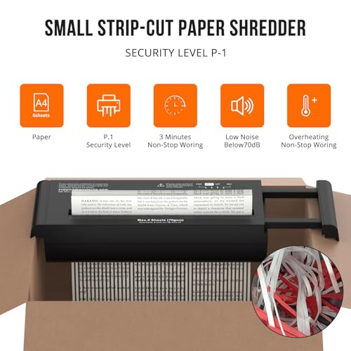 Suntiko 6-Sheet Strip Cut Paper Shredder Portable Black 11.69 x 4.29 x 2.28 inches