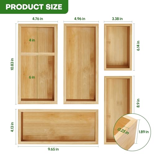 MapleGrace Bamboo Drawer Organizer Set - 5 pcs Natural Wood Storage Bins