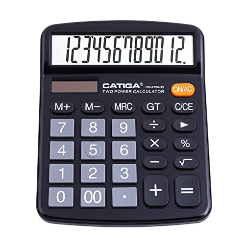 CATIGA Black 12-Digit Desktop Calculator with Large LCD & Big Buttons - Solar & Battery Powered