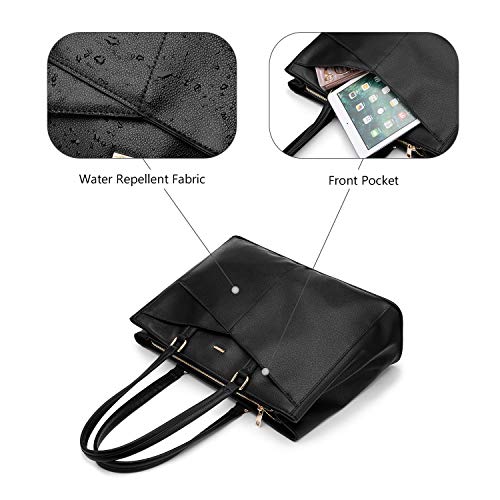 LOVEVOOK Black 15.6 Inch Waterproof Leather Laptop Tote Bag for Women Business & Office