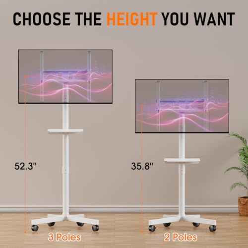 Mobile TV Cart Rolling TV Stand for 23-60 Inch LCD LED OLED Flat Curved Screens up to 88 lbs, Height Adjustable Portable TV Cart with Shelf/Wheels, Outdoor TV Stand Mount, Max VESA 400x400mm, White
