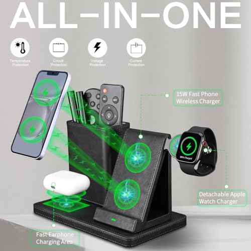 Office Supplies Desk Accessories,Pen Holder Remote Control Holder, Organizer with Phone Charger,Nightstand Desktop Organizer,Black Leather Desk Organizer With Charging Station (black)