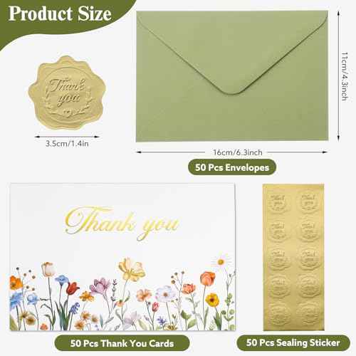 Thank You Cards with Envelopes, 50 Pack Thank You Cards Bulk Blank Card Notes with Envelopes & Stickers 4x6 Inch Greeting Card for Wedding, Baby Shower, Graduation, Bridal Shower, Business,Birthday