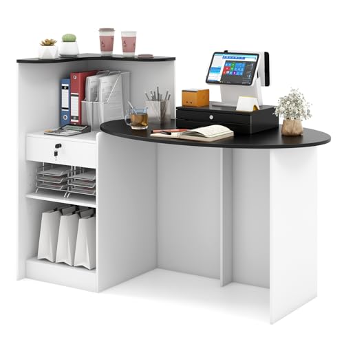 GOFLAME Black + White Reception Desk with Lockable Drawer, Adjustable Shelf, Oval Top