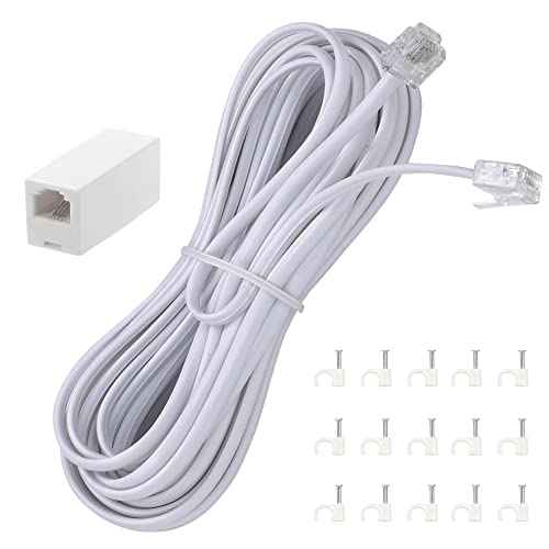 15 Feet Long Telephone Extension Cord Phone Cable Line Wire, with Standard RJ11 Plug and 1 in-Line Couplers and 15 Cable Clip Holders-White