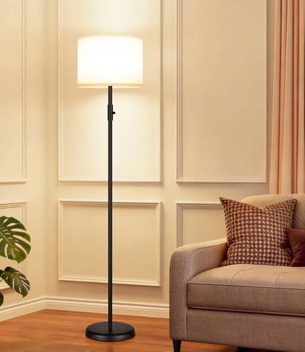 Yemela Matte Black Floor Lamp with Beige Linen Shade - Dimmable Tall Standing Light for Living Room & Bedroom