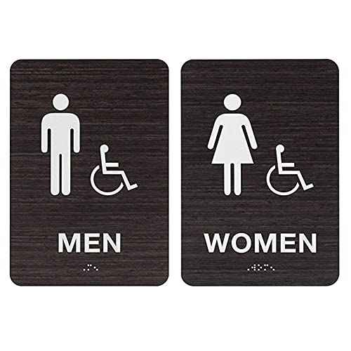 Dark Woodgrain Men And Women ADA Restroom Sign Set/Modern Chic Acrylic 6" x 9" Bathroom Signs With Braille
