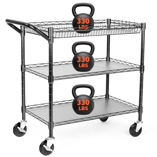 BolDuck Heavy Duty Utility Cart 990Lbs Capacity 3-Tier Kitchen/Serving Cart with Wheels, Black