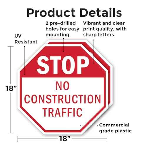 Stop No Construction Traffic (2 Pack) 18 inch X 18 inch Octagon Plastic Sign Weather Resistant, UV Protected for Workplace, Private Property, and Construction Site, Made in the USA