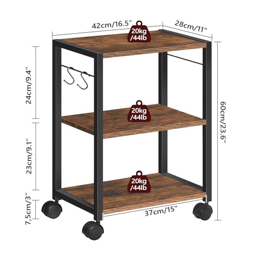 Printer Stand, 3-Tier Under Desk Rolling Cart with Storage Shelf, Heavy Duty Printer Table with Wheels for Home and Office, Printer Shelf with 2 Hooks, Small Spaces, Rustic Brown PTHR4001Z