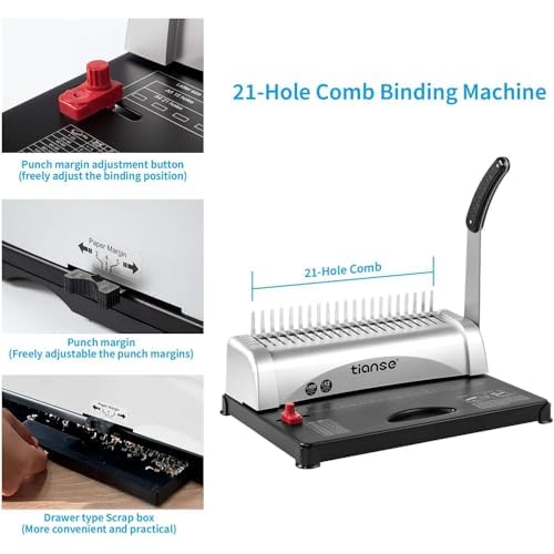 TIANSE Binding Machine, 21-Holes, 450 Sheets, Comb Binding Machines with Starter Kit 100 PCS 3/8'' Comb Binding Spines, Comb Binder Machine Book Maker Perfect for Letter Size, A4, A5 or Smaller Sizes