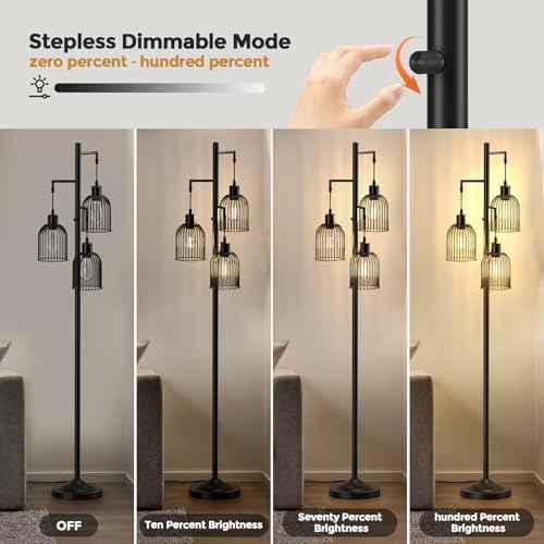Stepless Dimmable Floor Lamps with Hanging Lampshades 3 Lights Boho Floor Lamps with 3 PCS 6W Bulbs Tree Standing Lamp Tall Pole Lamp for Living Room Bedroom Office, Black