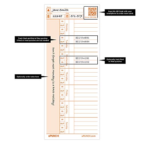 uPunch 100 Time Cards for CR1000 Digital Time Clock and Date Stamp