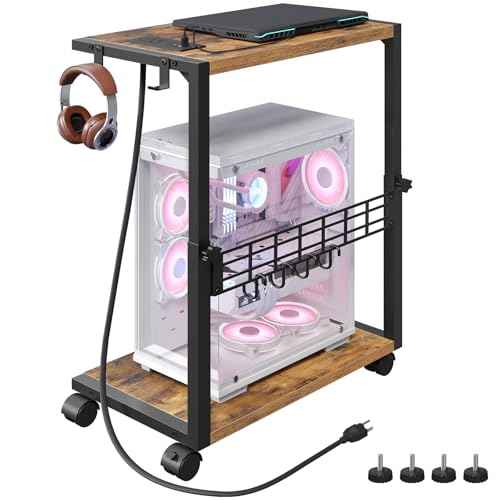 PC Stand with Charging Station, Height Adjustable Computer Tower Stand, 19.7"-31.5" H, Computer Cart with Wheels and Hooks, CPU Holder for Floor, Carpet and Under Desk, Rustic Brown