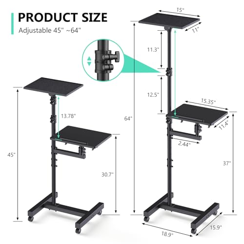 Projector Stand Tripod: 2 Shelves Mobile Laptop Cart Adjustable Height 45 to 64 Inches, Rolling Laptop Stand Cart with Ventilated Tray, Projector Tripod Stand on Wheels for Couch, Bedside, Meeting