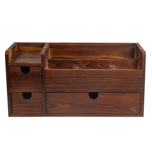 Rustic Brown Wooden Desktop Organizer Drawers Removable Office Supplies Torched Wood Storage Cabinet Caddy Box Stationery Pencil Slots Mail Holder Notes Accessories Home Makeup Tools Cosmetics