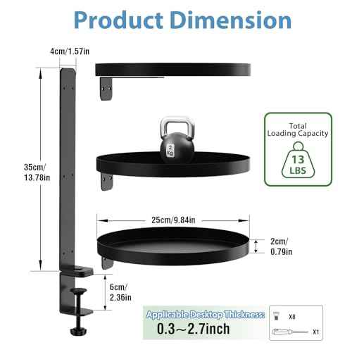 Swivel Clamp On Desk Shelf with 9.8in Adjustable Metal Storage Tray Above or Under Desk Storage 3-Tier Desk Extension Shelving Unit No Drilling Desktop Shelves for Max Desktop Thickness 2.7in