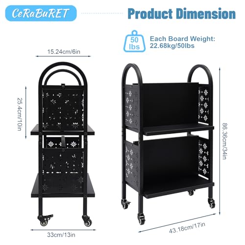 CeRaBuRET Black Rolling Book Cart | 2-Tier Moveable Library Cart with 2 Lockable Wheels, 34in Tall