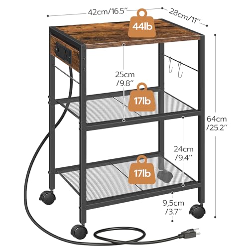 HOOBRO Industrial Printer Stand, 3-Tier Mobile Printer Table, Rolling Cart with Power Outlets and USB Ports, Home Printer Stand with 2 Hooks, for Office, Living Room, Rustic Brown BF22UPS01