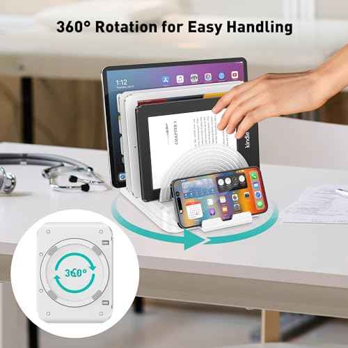 Vertical Laptop Stand for Desk, Adjustable Multi-Device Organizer 6 in 1 Removable Portable Phone Stand, 360¡Æ Rotating Base, Compatible with MacBook, iPhone, iPad, Tablets (White)