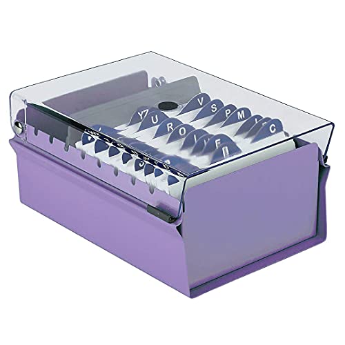 Acrimet 3 x 5 Card File Holder Organizer Box Metal Base Heavy Duty (AZ Index Cards and Divider Included) (Purple Color with Clear Crystal Plastic Lid Cover)