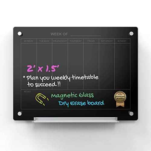 Audio-Visual Direct Magnetic Black 7 Day Calendar Glass Dry-Erase Board Set - 2' x 1.5' - for Wall - Weekly Planner