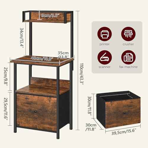 Printer Table with Storage, Home Printer Stand with File Cabinet, Fits A4/Letter Size Files, Printer Cabinet with Large Tabletop, Display Shelf, for Home Office, Rustic Brown PTHR3501