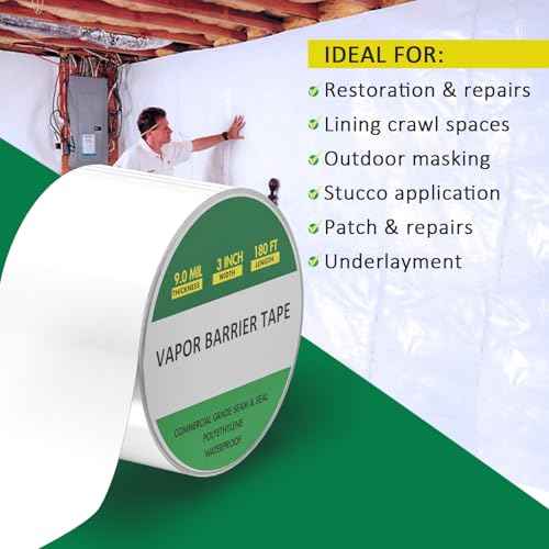 Vapor Barrier Tape 3" x 180', 9Mil White Polyethylene Tape for Crawl Spaces & Moisture Barriers, Waterproof & Seam Tape for Underlayment, Insulation, and Plastic Liners