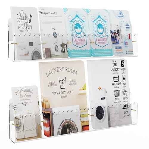 Brochure Holder Wall Mount, 2 Pack Acrylic Modular Flyer with Adjustable Magnetic Golden Bolt, Wavy Lace Pamphlet Display Stand for Organizer Trifold Flyer, Document, Leaflet, 5 Slots