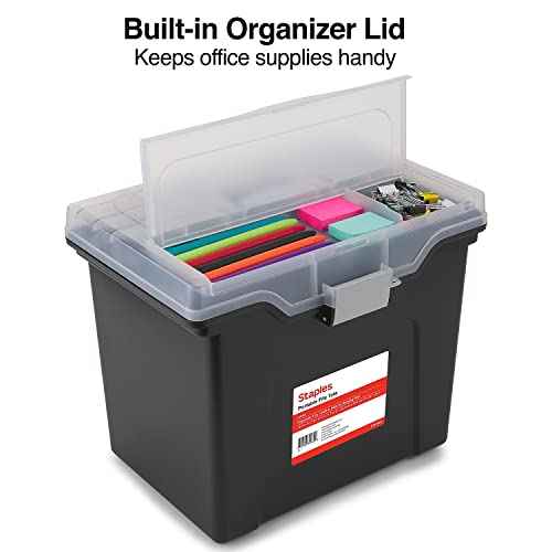 STAPLES File Folder Tote, Portable Filing Box, Letter Size Hanging Folders, Security Latch & Built-In Lid Organizer, Black/Clear
