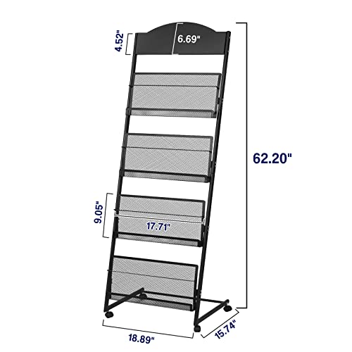 18.9''W Floor-Standing Magazine Display Rack, Rolling Journals, Brochure & Newspaper Stand, Literature Holder for Trade Shows, Exhibitions, & Offices, Black
