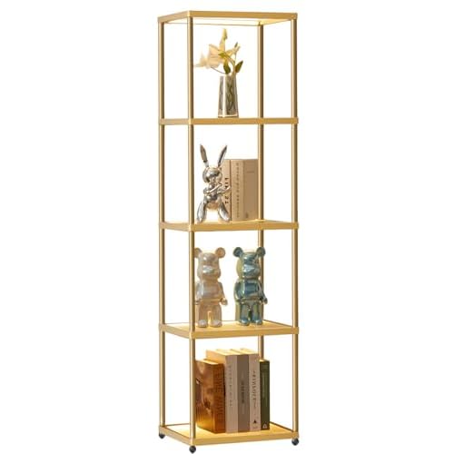 MANBUR Display Shelf with Dimmable LED Floor Lamp, Display Cabinet with Glass Bookcase, Home Decor, Bedroom Decor, Bookshelf with Light, Open Book Shelf with 5-Tier Shelf for Living Room Decor Gold
