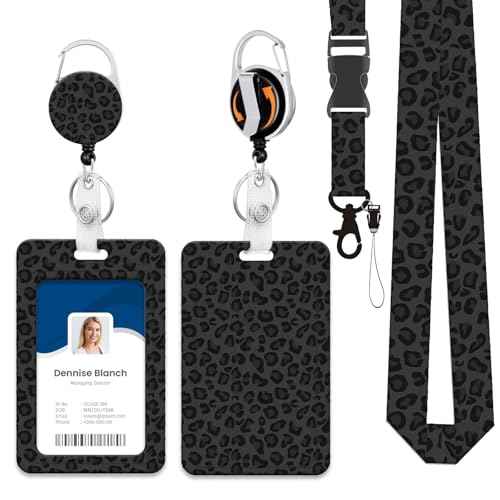 Heavy Duty ID Badge Holder with Lanyard, Retractable Badge Reel Clip, Lanyards for Hard Vertical ID Card Holders for Office, School, Teachers, Women, Men - Black Leopard Cheetah
