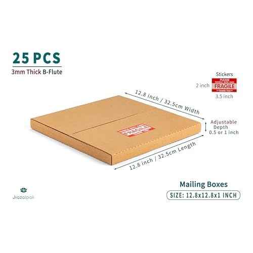 12" Vinyl Record Mailers, 12.8"L x 12.8"W x 1"D LP Albums Corrugated Shipping Boxes with Fragile Stickers, Multi-Depth Easy-Fold, Brown, 25 Pack